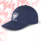Tails FC Navy blue cap with 'Team Cat' logo on a pink background with white abstract shapes