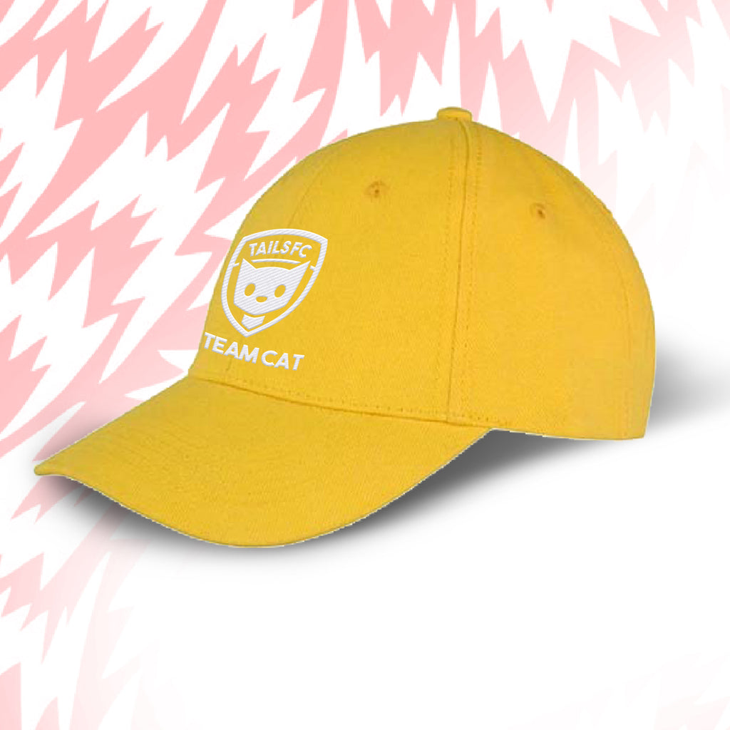 Yellow cap with 'Team Cat' logo on a pink background
