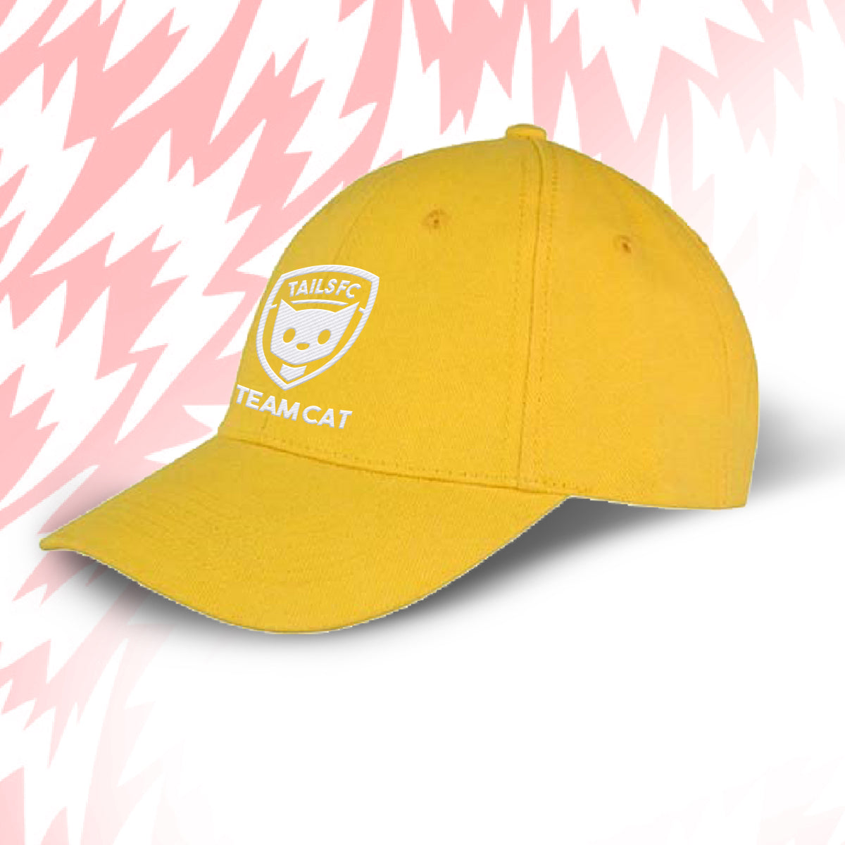 Yellow cap with 'Team Cat' logo on a pink background