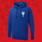 Tails FC Blue Team Cat hoodie with a logo on a red geometric pattern background