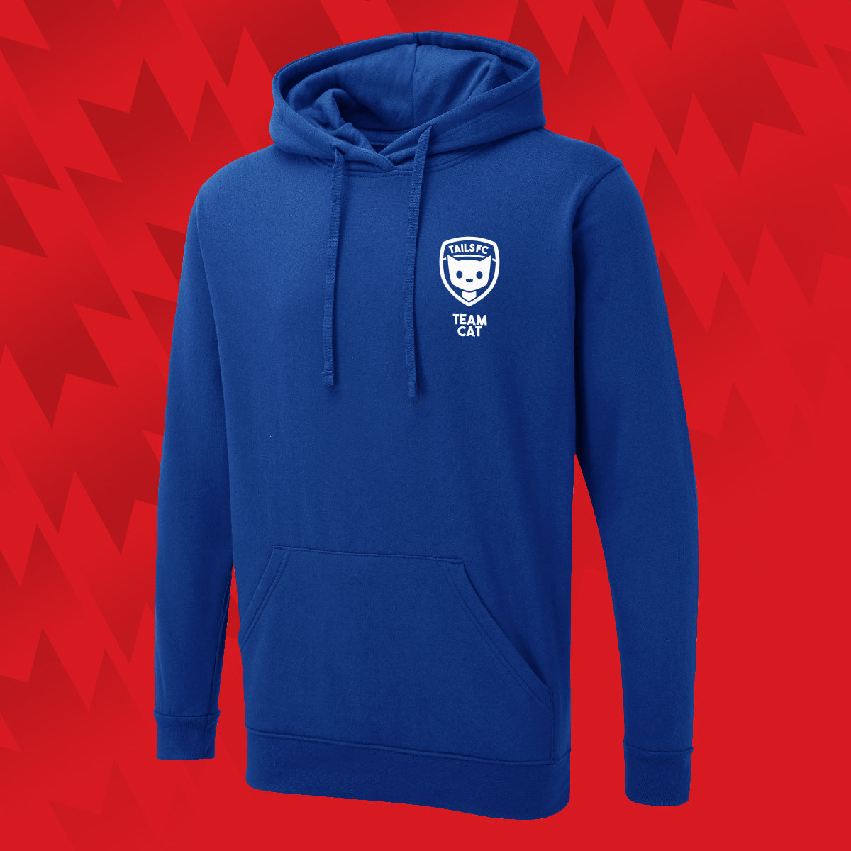 Tails FC Blue Team Cat hoodie with a logo on a red geometric pattern background
