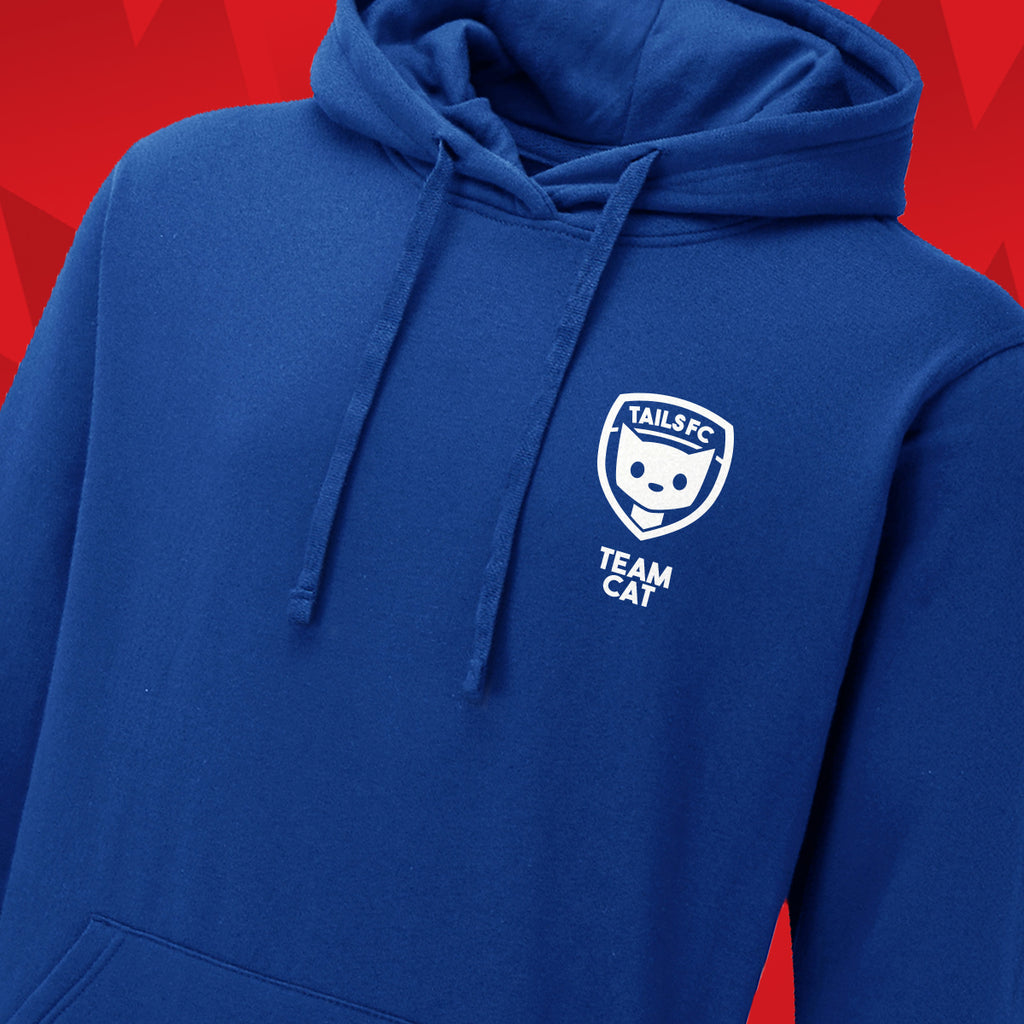 Tails FC Blue hoodie with 'Team Cat' logo on a red background