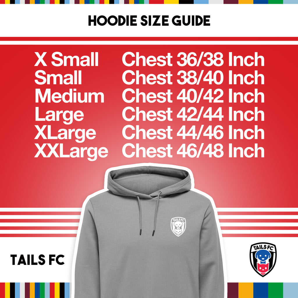 Hoodie size guide with TAILS FC logo on a red background