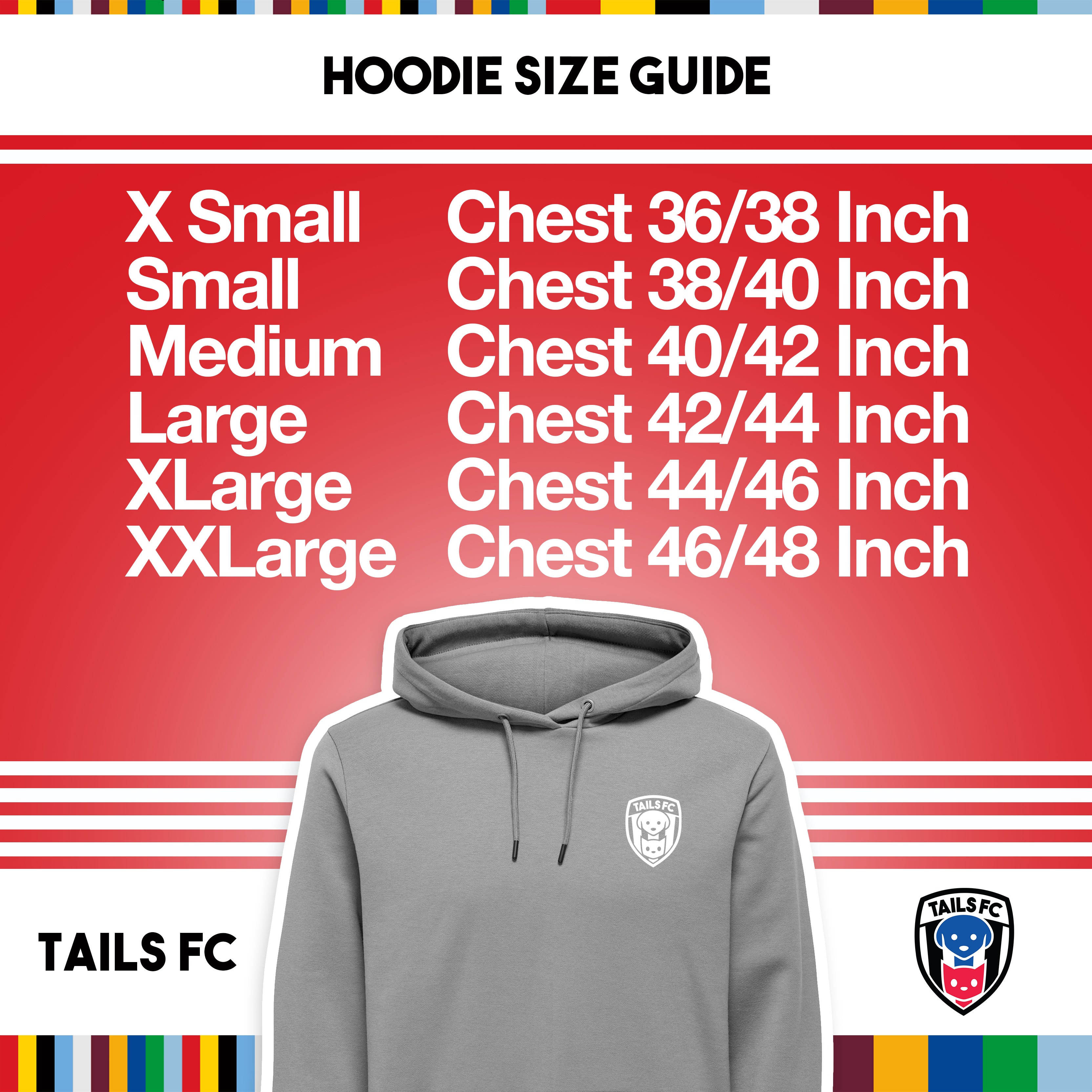 Hoodie size guide with TAILS FC logo on a red background