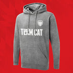 Tails FC Gray hoodie with 'Team Cat' text and logo on a red background