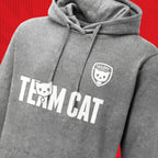 Tails FC Gray hoodie with 'Team Cat' text and logo on a red background