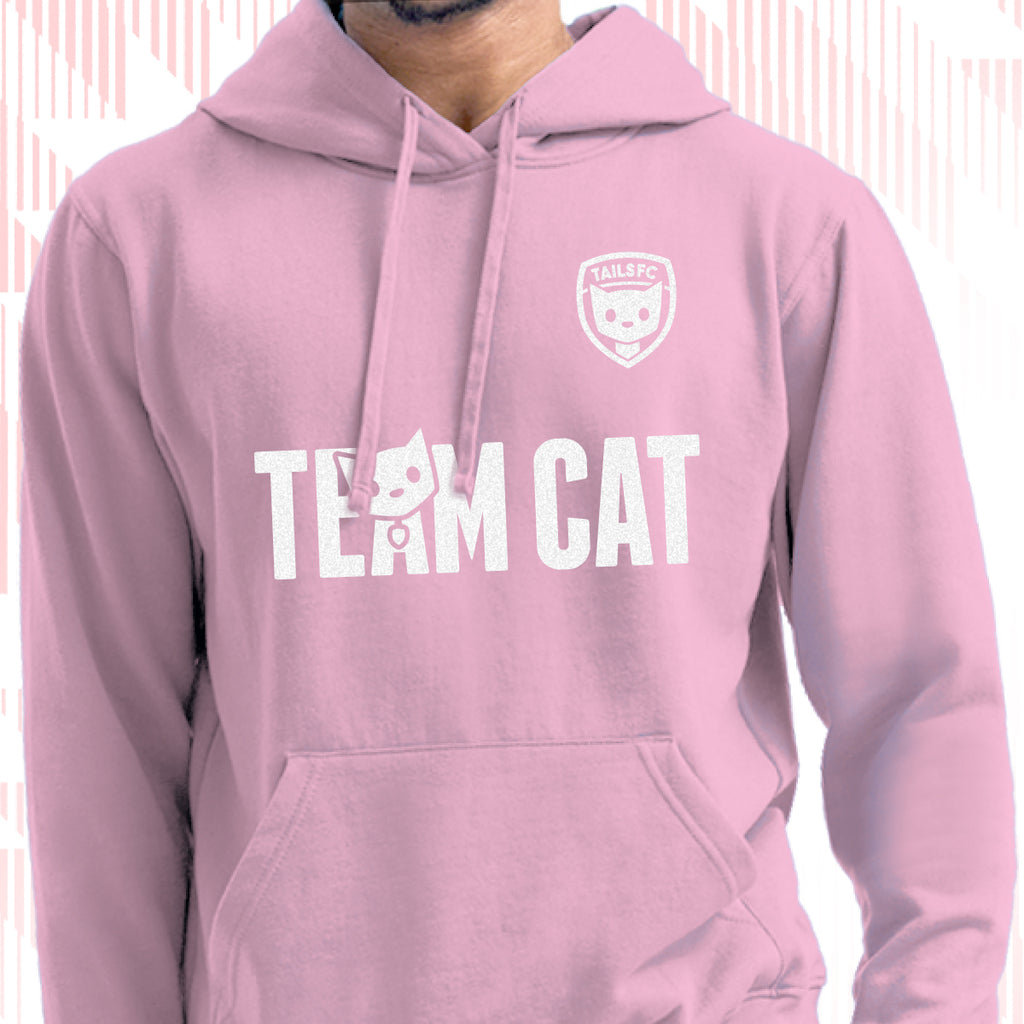 Tails FC Pink hoodie with 'Team Cat' text and logo on a white background