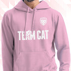 Tails FC Pink hoodie with 'Team Cat' text and logo on a white background