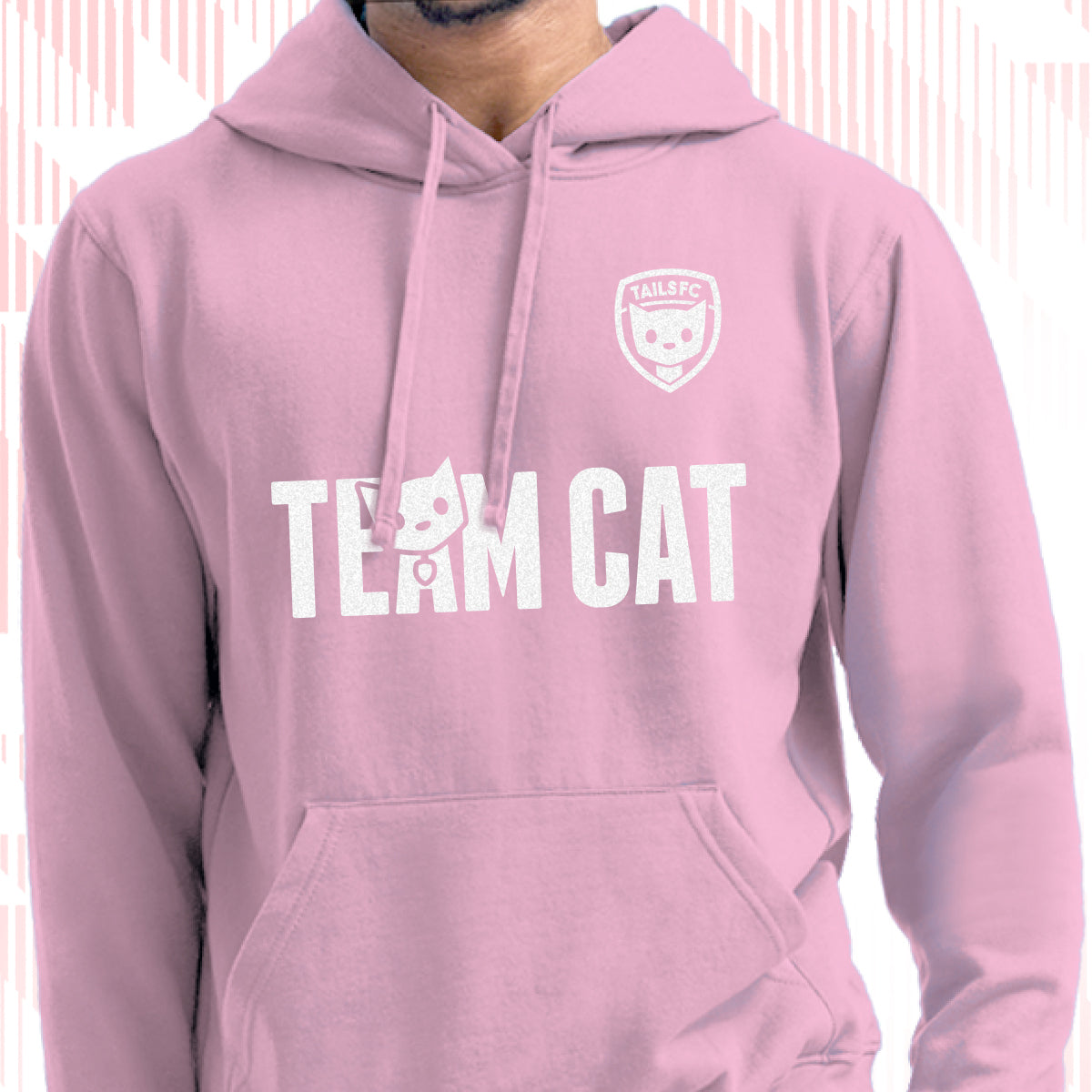 Tails FC Pink hoodie with 'Team Cat' text and logo on a white background