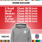 Hoodie size guide with TAILS FC logo on a red background