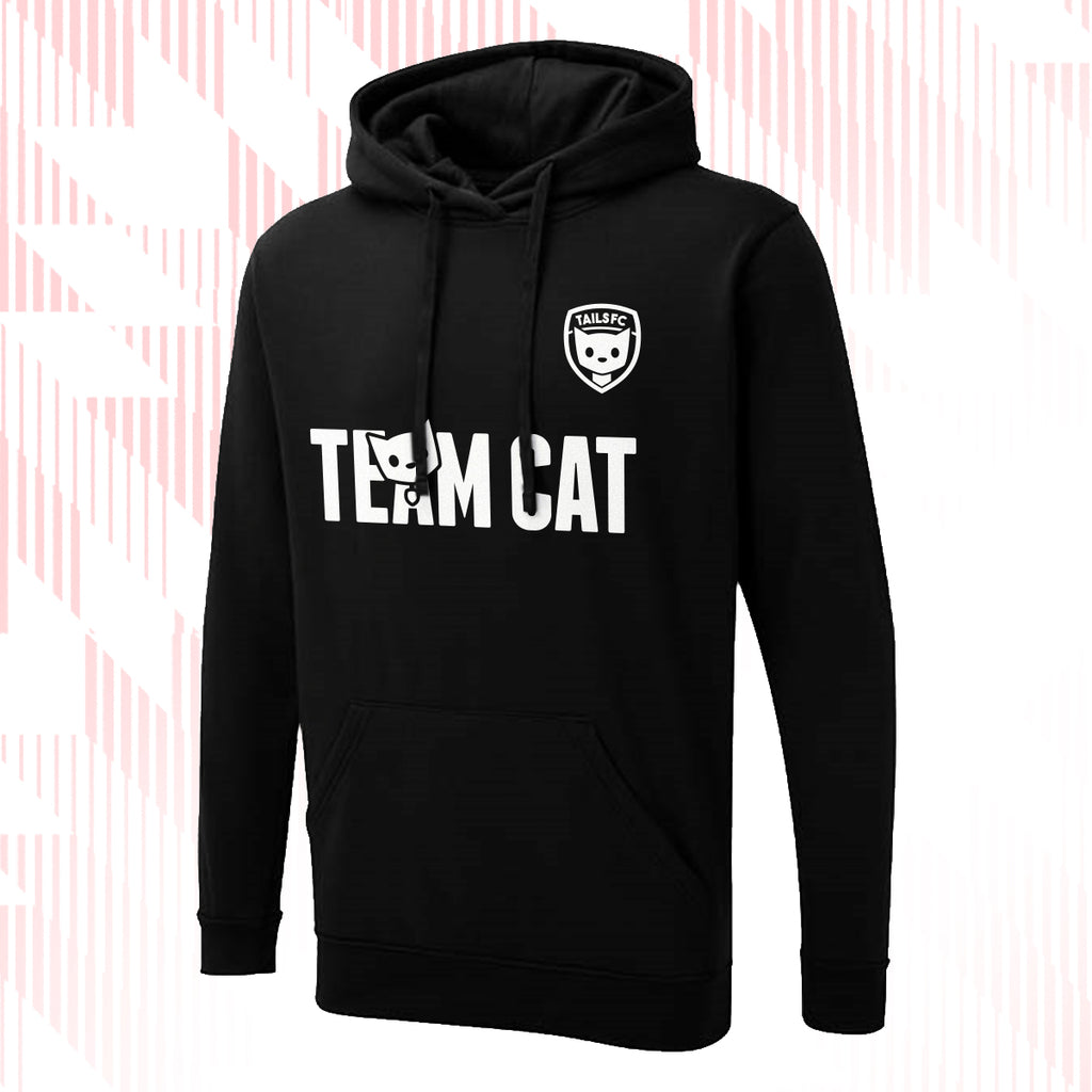 Tails FC Black hoodie with 'Team Cat' text and logo on a white background