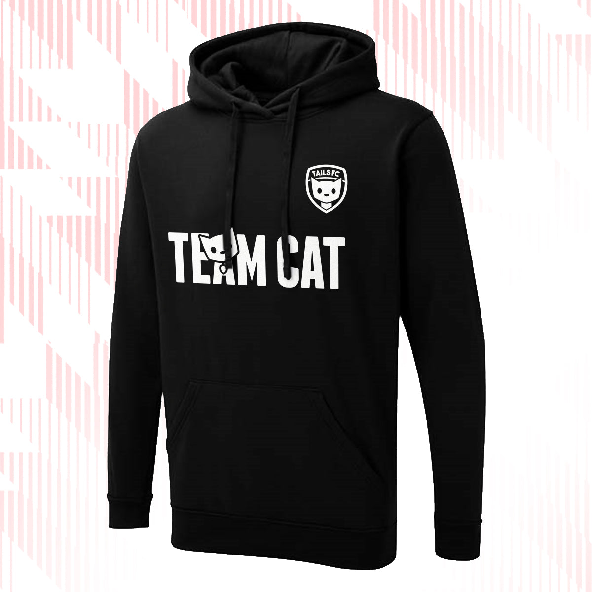 Tails FC Black hoodie with 'Team Cat' text and logo on a white background