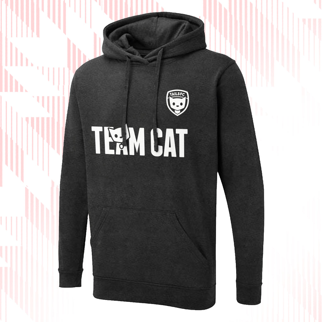Tails FC Charcoal hoodie with 'Team Cat' text and logo on a white background