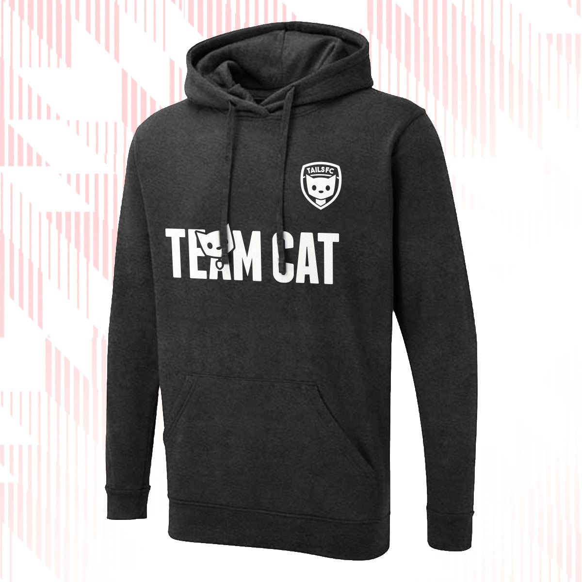 Tails FC Charcoal hoodie with 'Team Cat' text and logo on a white background