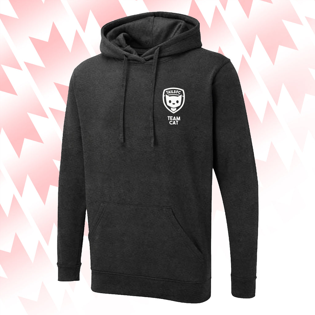 Tails FC Charcoal hoodie with Team Cat logo on a pink and white zigzag background