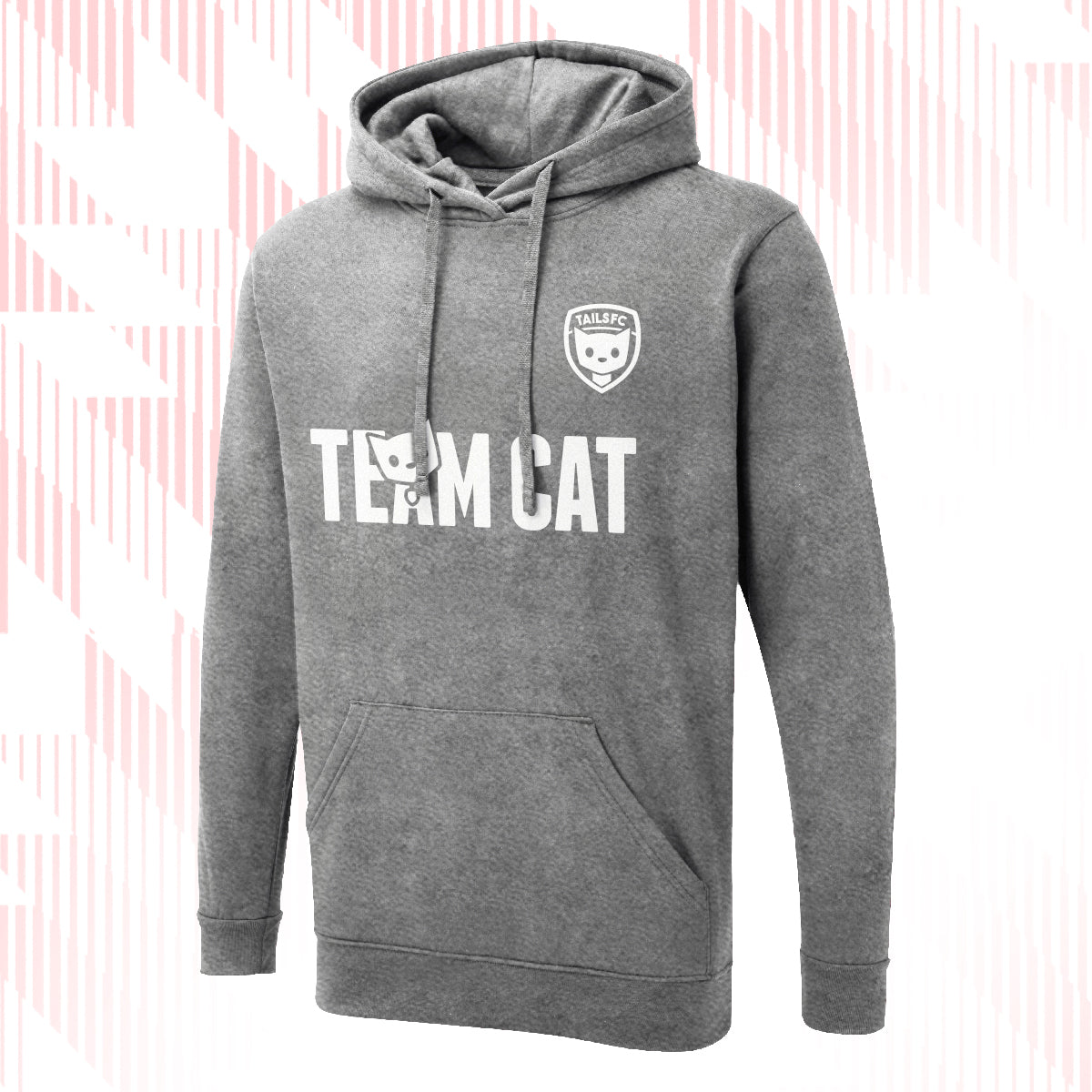 Tails FC Gray hoodie with 'Team Cat' text and logo on a white background