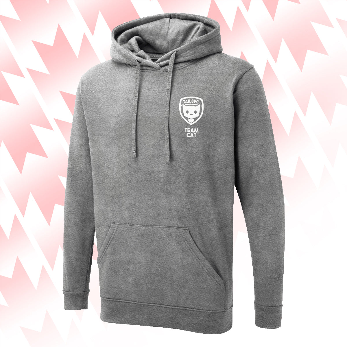 Tails FC Gray hoodie with Team Cat logo on a pink and white striped background