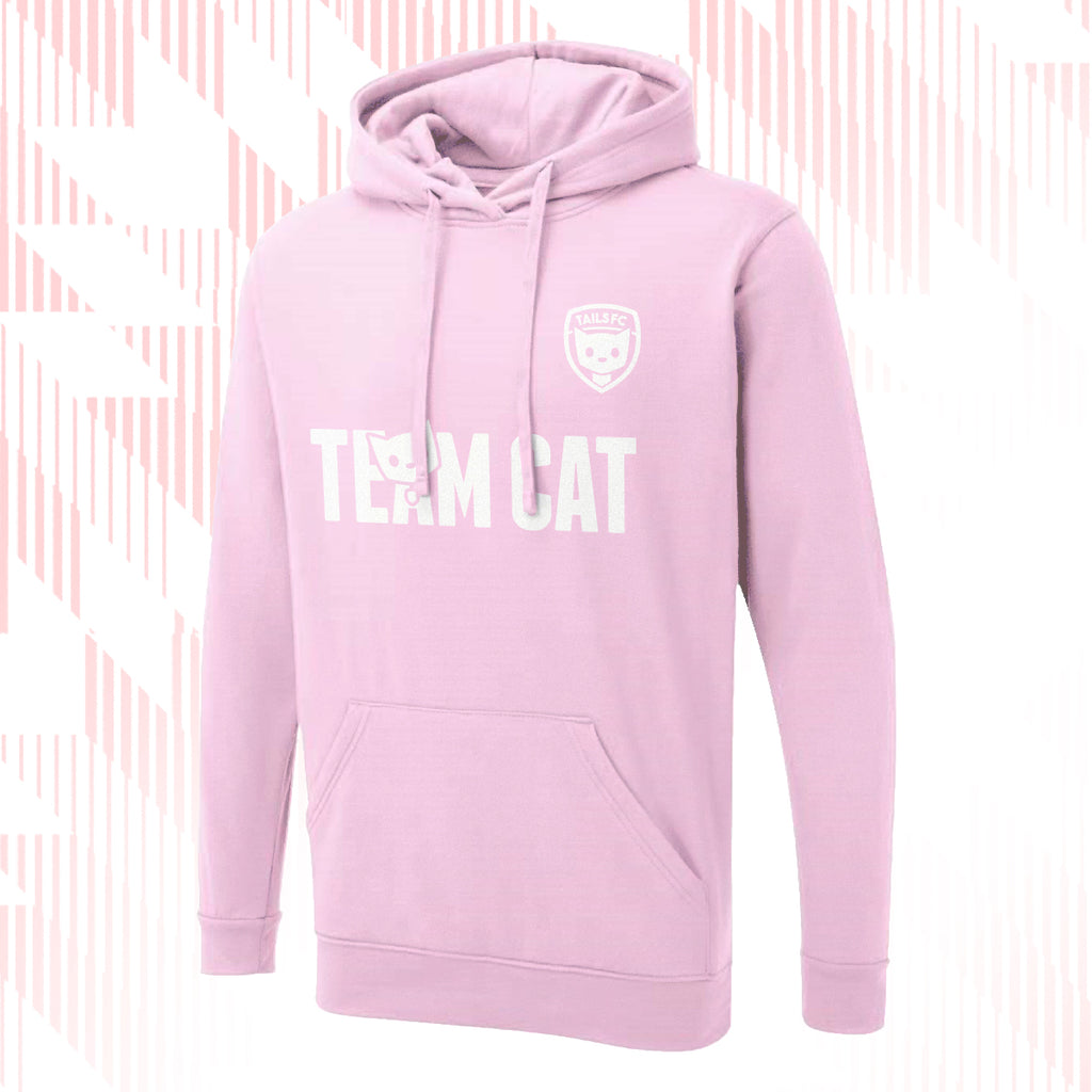 Tails FC Pink hoodie with 'Team Cat' text and logo on a pink and white striped background