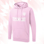 Tails FC Pink hoodie with 'Team Cat' text and logo on a pink and white striped background