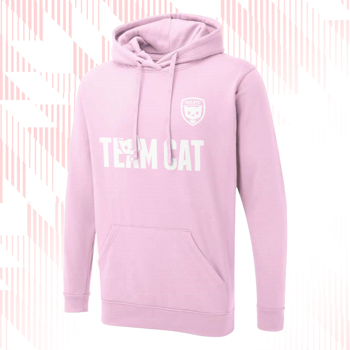 Tails FC Pink hoodie with 'Team Cat' text and logo on a pink and white striped background