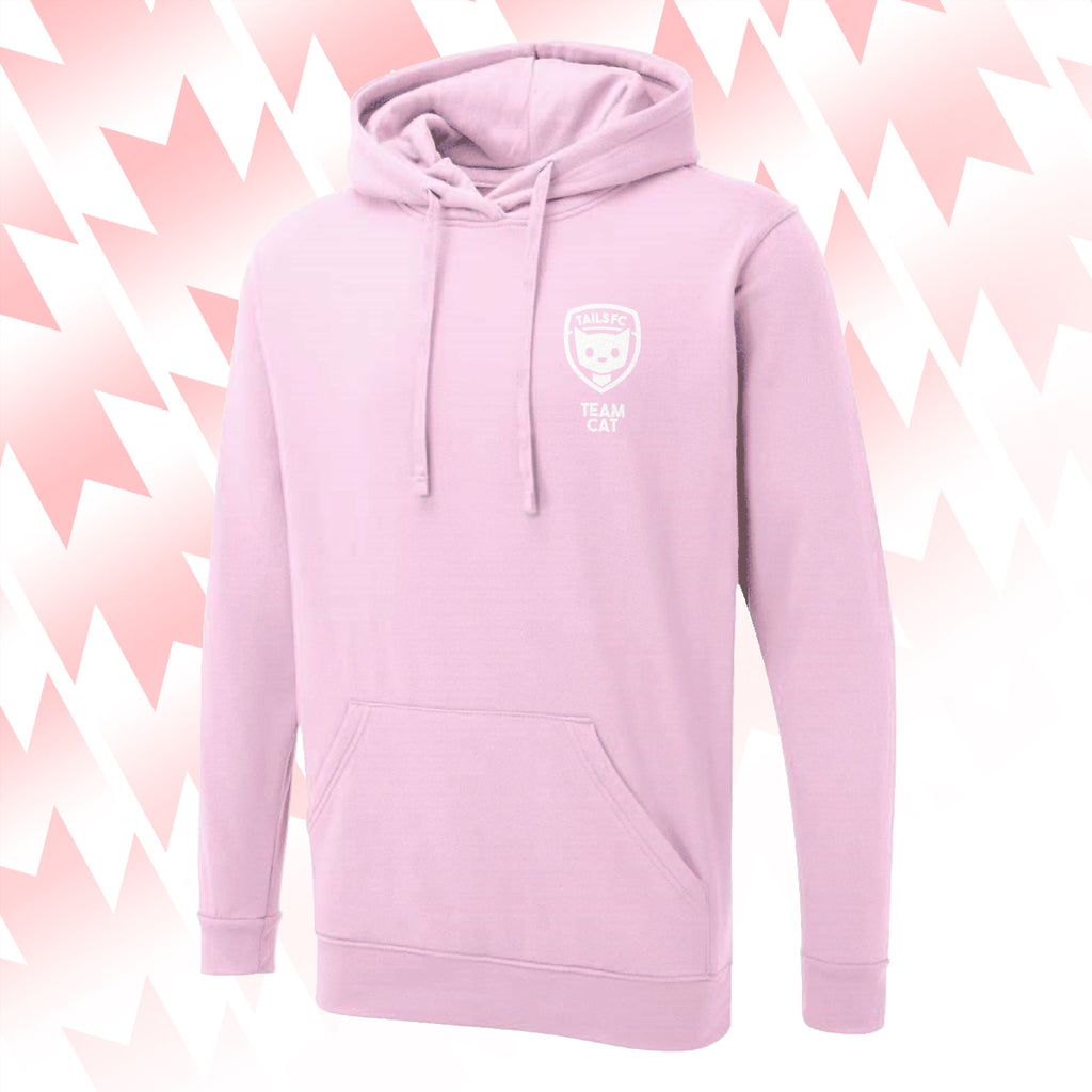 Tails FC Pink hoodie with Team Cat logo on a pink and white abstract background