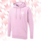Tails FC Pink hoodie with Team Cat logo on a pink and white abstract background