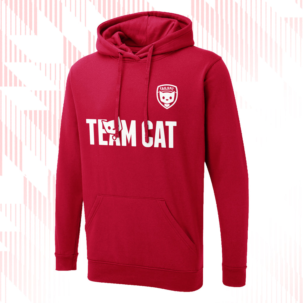 Tails FC Red hoodie with 'Team Cat' text and logo on a white background