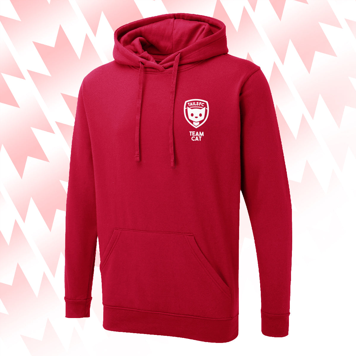 Tails FC Red hoodie with Team Cat logo on a white background