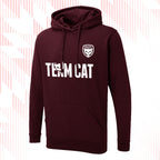 Tails FC Maroon hoodie with 'Team Cat' text and logo on a white background