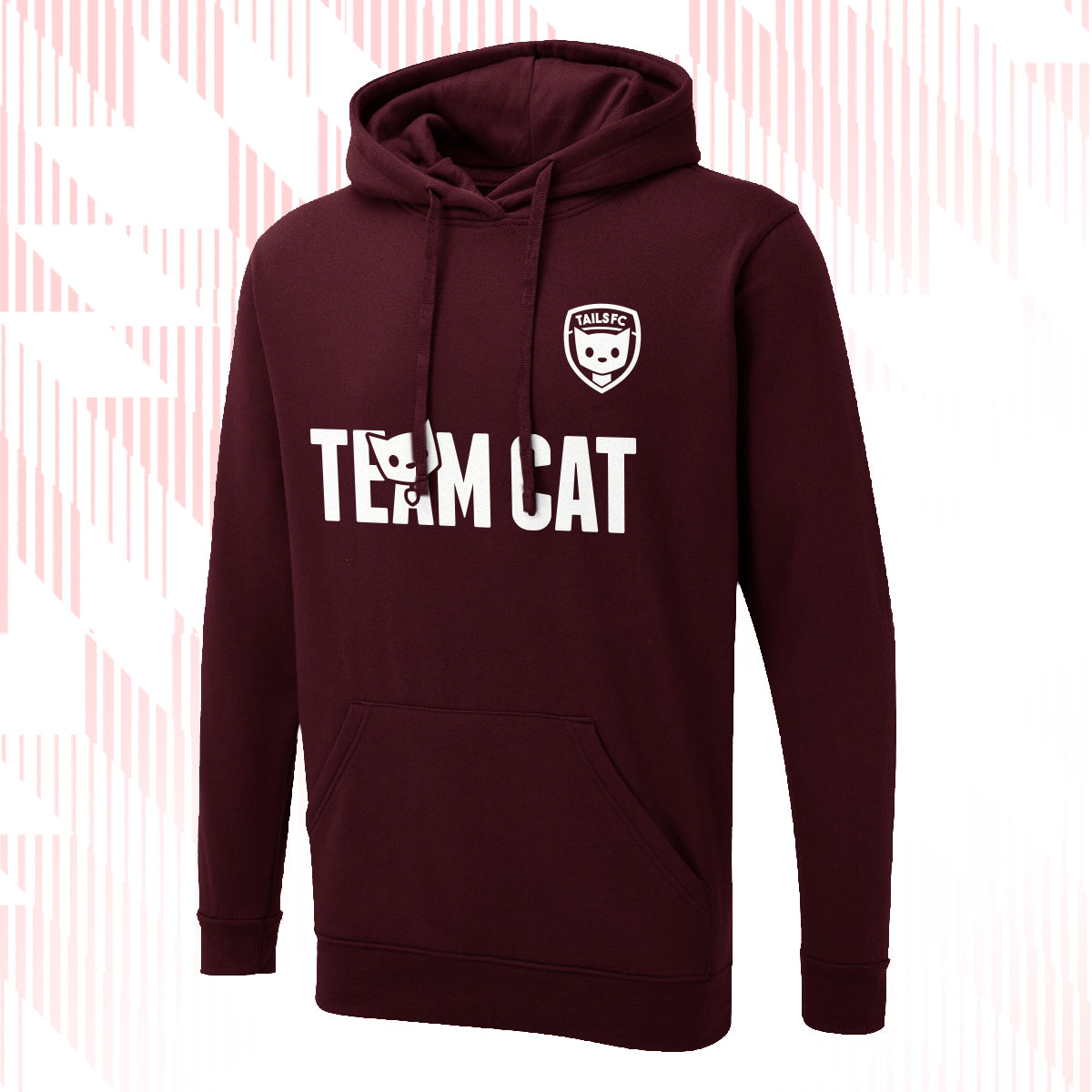 Tails FC Maroon hoodie with 'Team Cat' text and logo on a white background