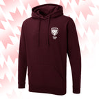 Tails FC Maroon hoodie with Team Cat logo on a pink and white abstract background