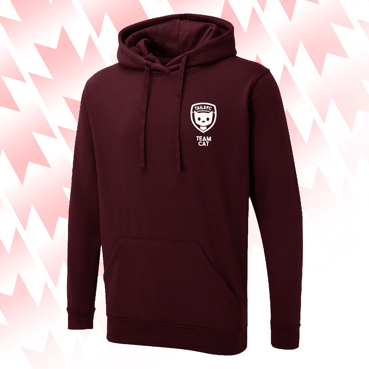 Tails FC Maroon hoodie with Team Cat logo on a pink and white abstract background