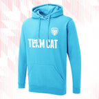 Tails FC Blue hoodie with 'Team Cat' text and logo on a white background