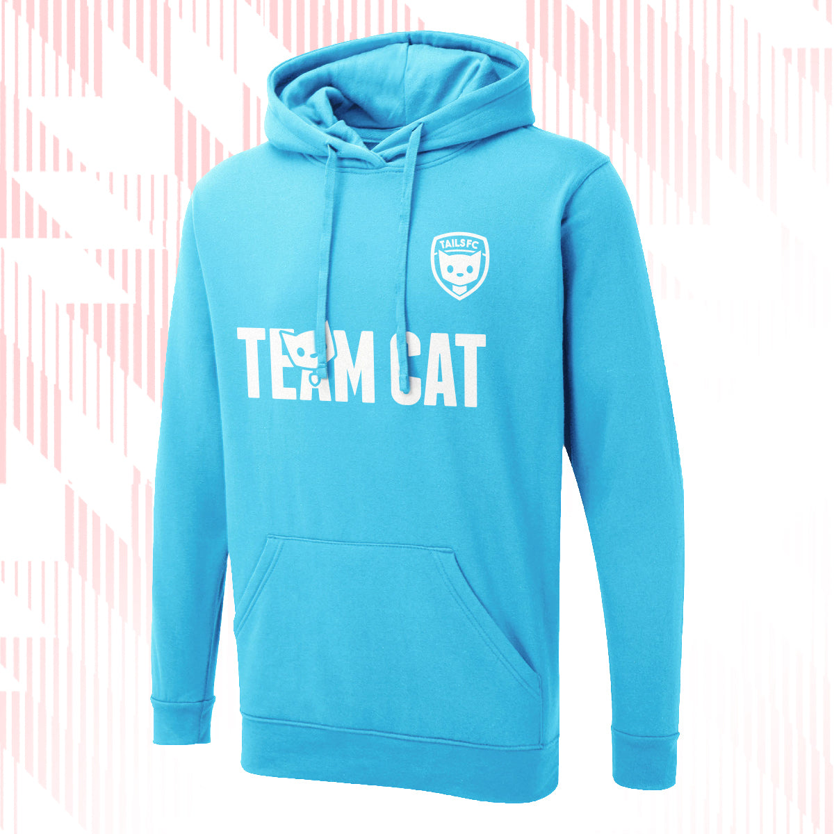 Tails FC Blue hoodie with 'Team Cat' text and logo on a white background