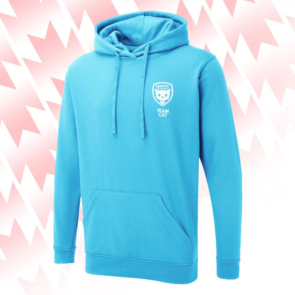 Tails FC Blue hoodie with Team Cat logo on a pink and white abstract background