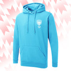 Tails FC Blue hoodie with Team Cat logo on a pink and white abstract background