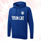 Tails FC Blue hoodie with 'Team Cat' text and logo on a white background