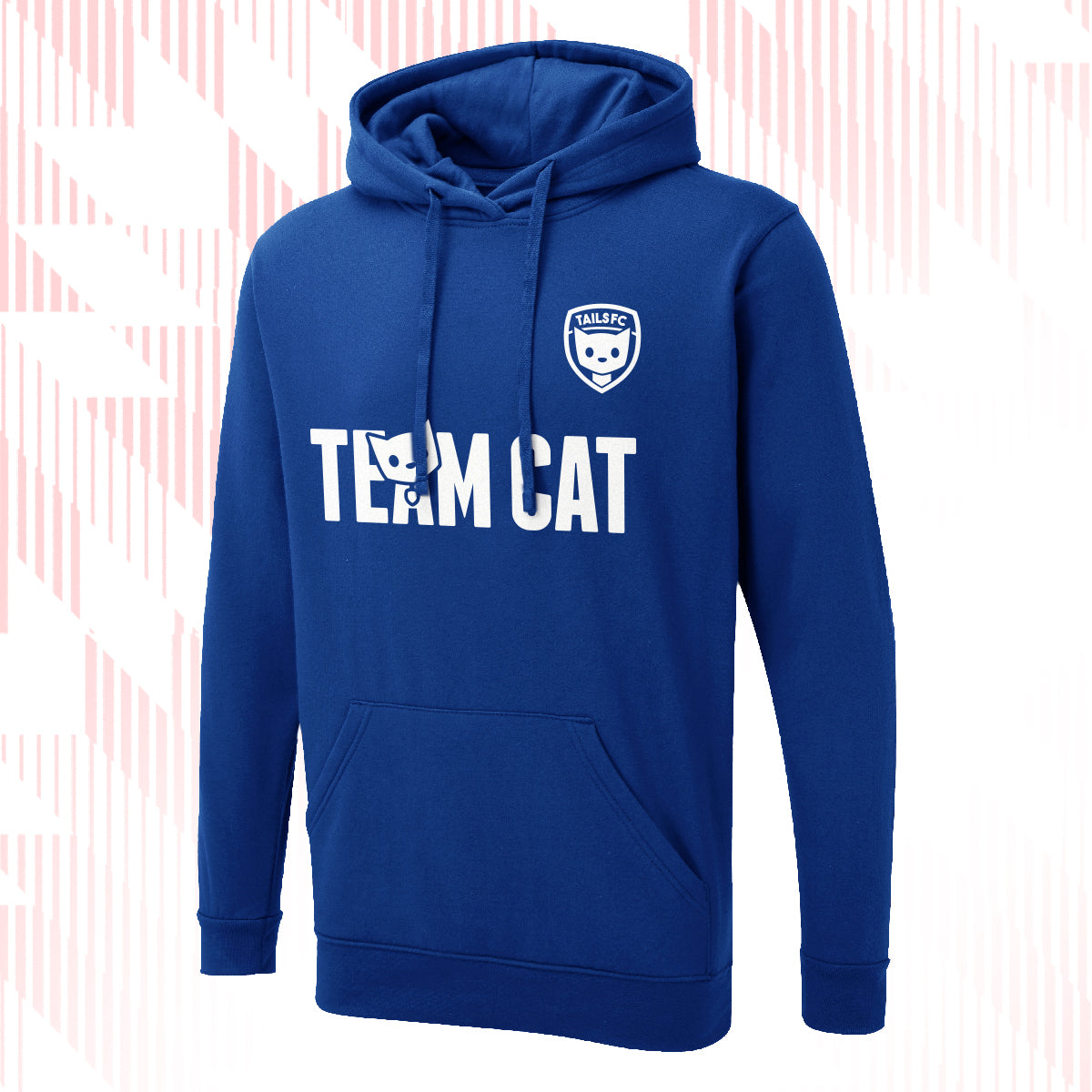 Tails FC Blue hoodie with 'Team Cat' text and logo on a white background