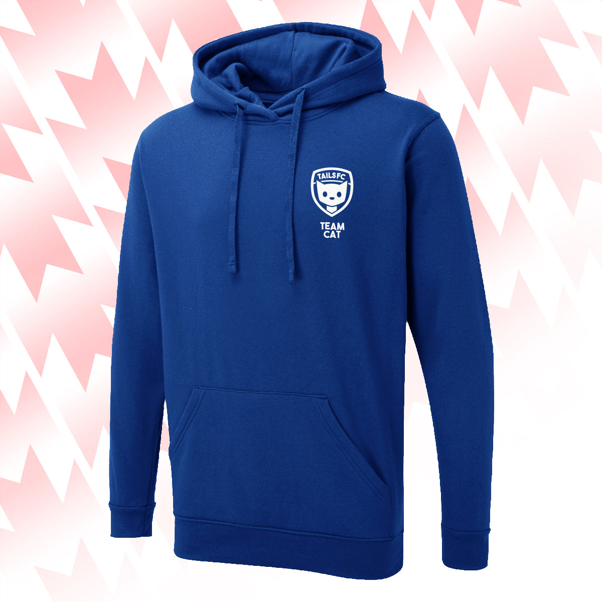 Tails FC Blue hoodie with Team Cat logo on a pink and white abstract background