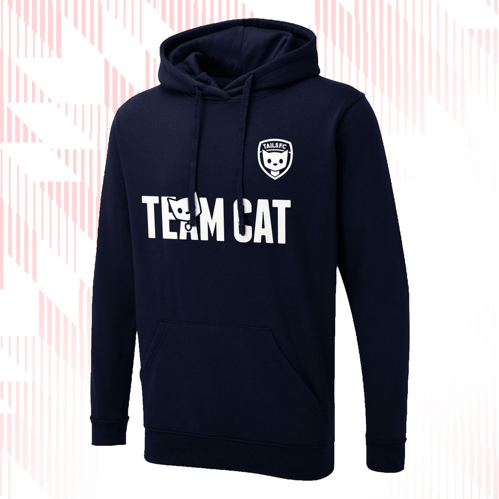 Tails FC Navy blue hoodie with 'Team Cat' text and logo on a white background