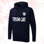 Tails FC Navy blue hoodie with 'Team Cat' text and logo on a white background