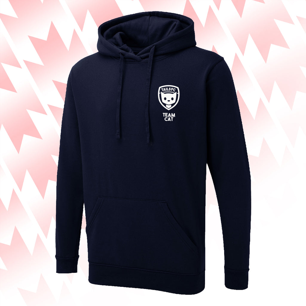 Tails FC Navy blue hoodie with Team Cat logo on a pink and white abstract background