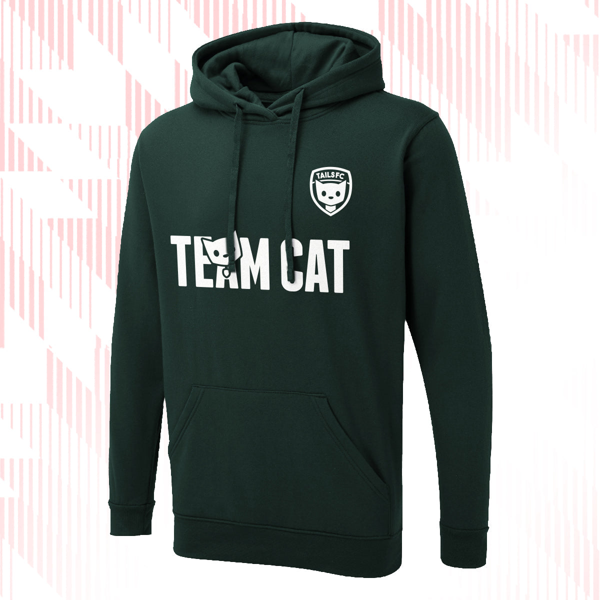 Tails FC Green hoodie with 'Team Cat' text and logo on a white background