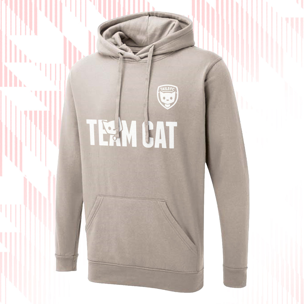 Tails FC Beige hoodie with 'Team Cat' text and logo on a white background