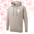 Tails FC Beige hoodie with Team Cat logo on a pink and white abstract background