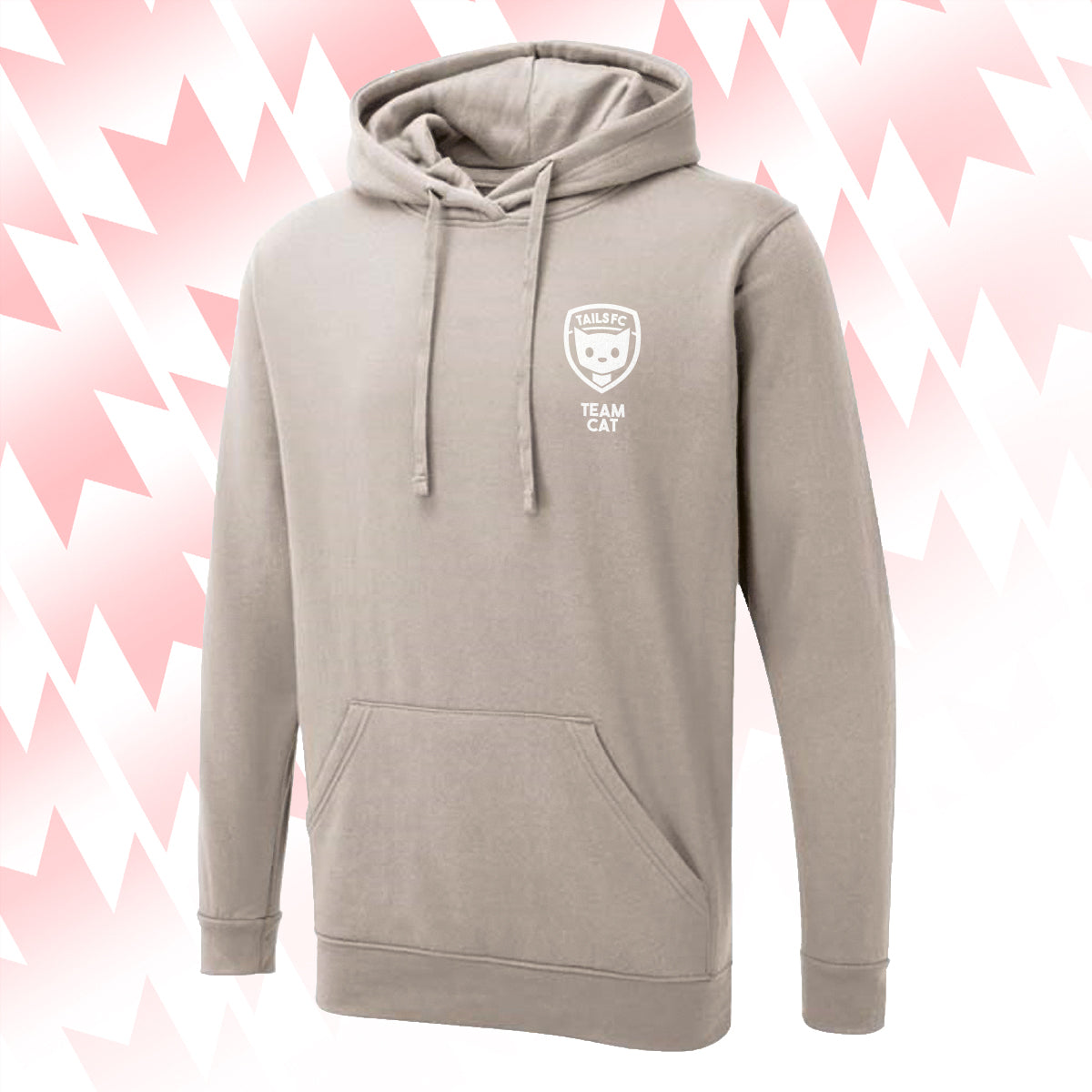 Tails FC Beige hoodie with Team Cat logo on a pink and white abstract background
