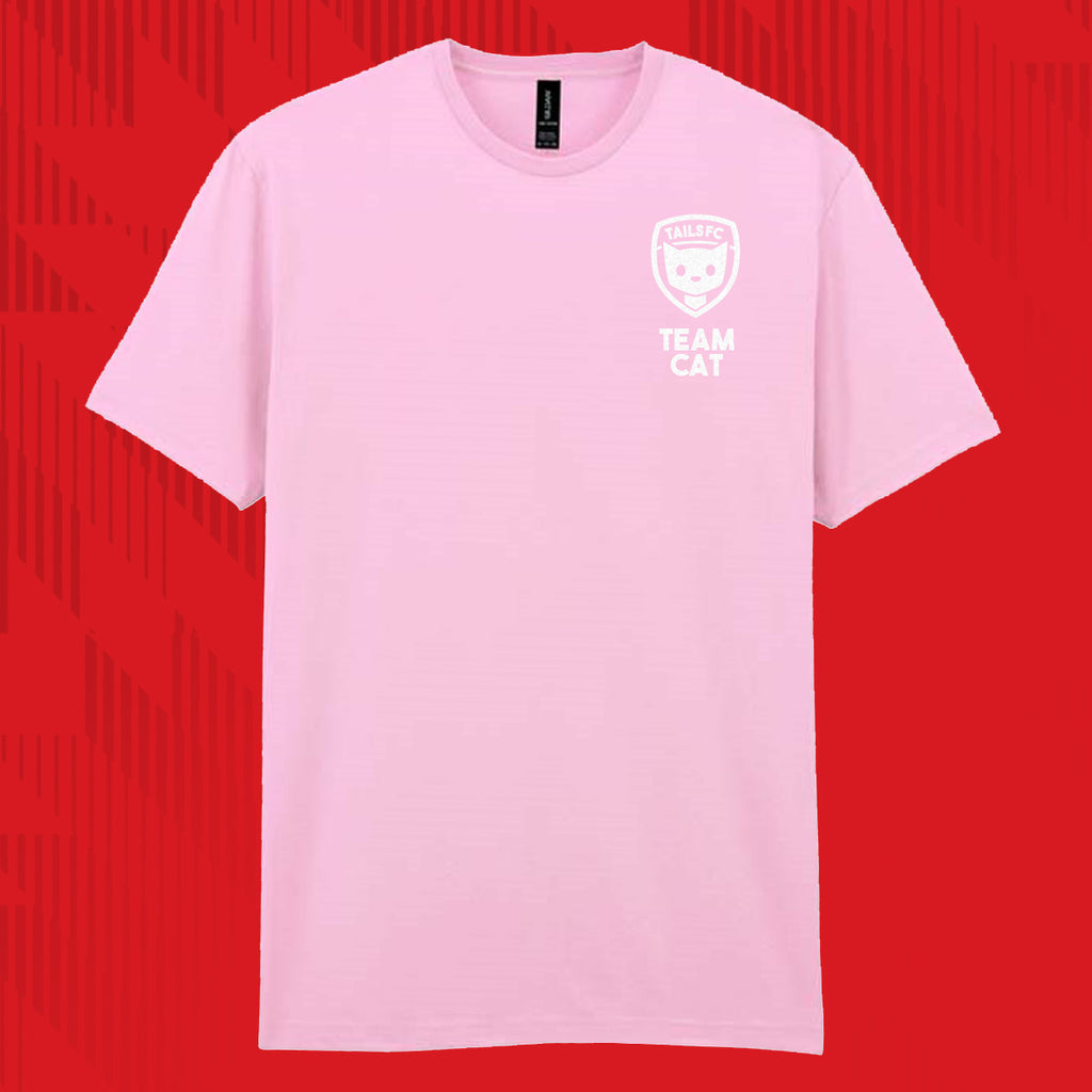 Tails FC Pink t-shirt with 'Team Cat' logo on a red background