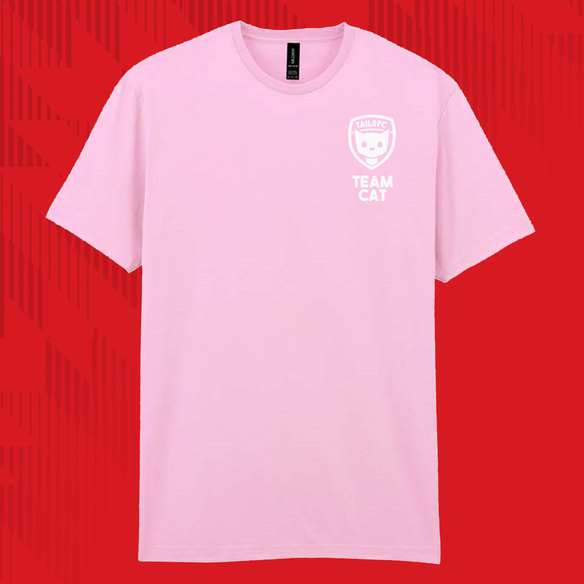 Tails FC Pink t-shirt with 'Team Cat' logo on a red background