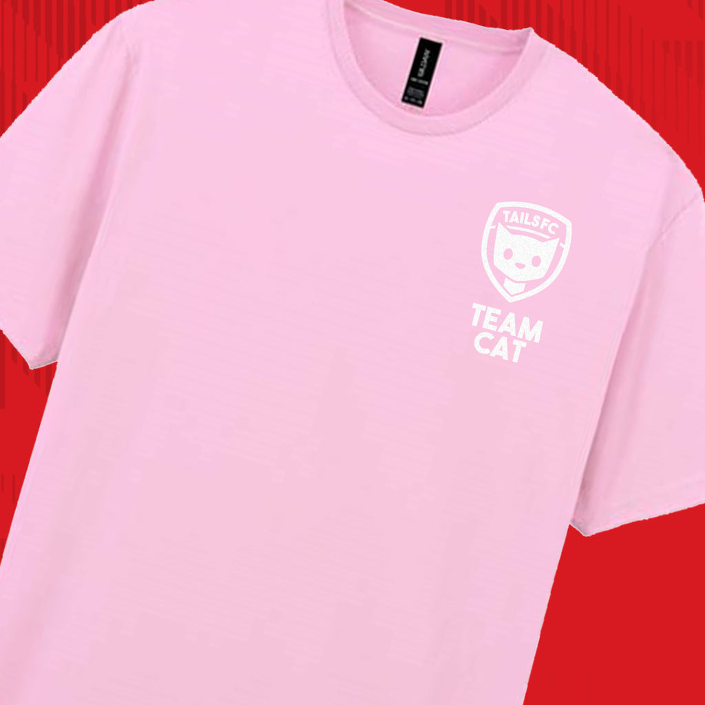 Tails FC Pink t-shirt with 'Team Cat' logo on a red background