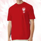 Tails FC Red t-shirt with white Team Cat logo and text on a white background